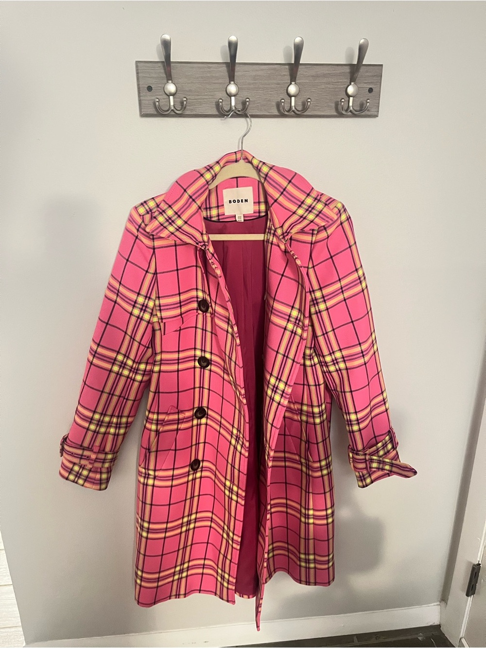 Boden Cheltenham Trench Coat Pink Neon Plaid Check US 2 – $498 Retail - Picture 1 of 9